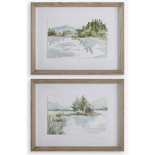 Uttermost Serene Traditional Wood Lake Framed Print in Gray (Set of 2) - Picture 1 of 7