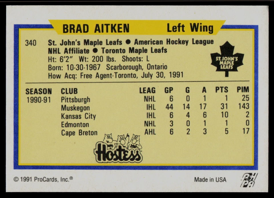 1991-92 ProCards Brad Aitken St. John's Maple Leafs - Image 2 of 2