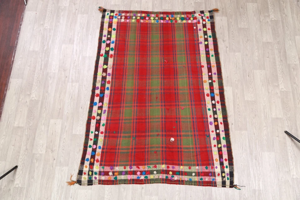 Antique Checkered Kilim Oriental Area Rug Hand-Woven Wool Tribal Carpet 5x7 ft - Изображение 2 из 4