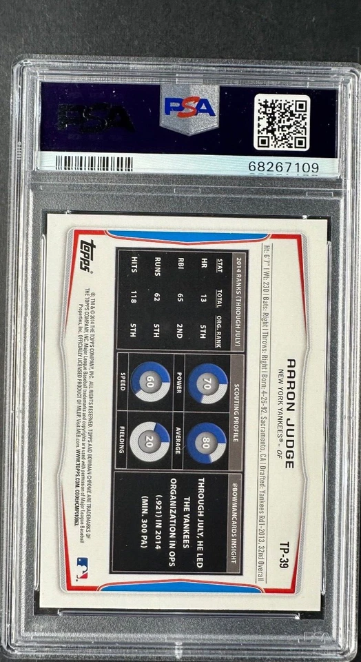 2014 Bowman Draft Pics #TP39 Aaron Judge (RC) Top Prospect PSA 10 GEM-MT Yankees - Image 2 of 2