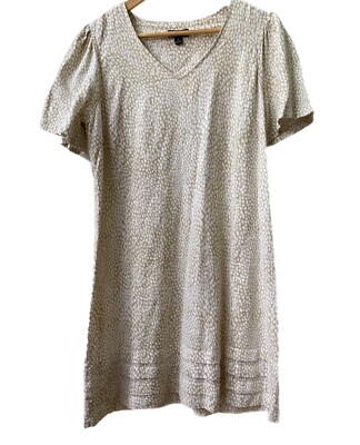 Nicole Miller Original Linen Beige White Dress Size Med EUC Flutter Sleeve Hem