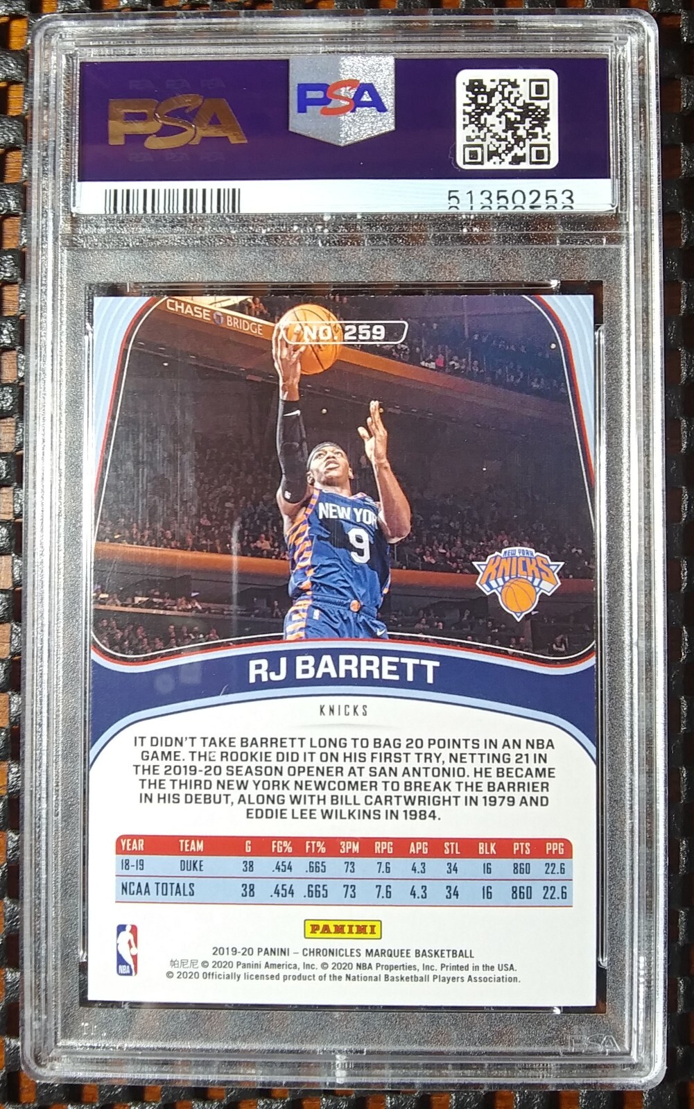 2019-20 Panini Chronicles Marquee Rookies HoloFoil #259 RJ Barrett RC TOR PSA 10 view 4