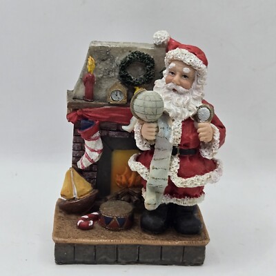VTG Santa Claus By the Fireplace Holding Globe 4'' Resin Figurine K's Collection