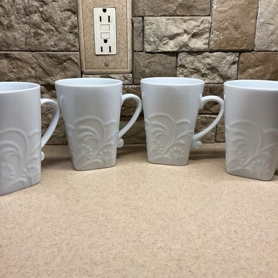 Corelle Coordinates CHERISH Mugs Set of 4 White Embossed Porcelain Discontinued