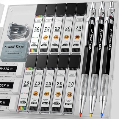  Four Candies 3-Piece 2Mm Mechanical Pencils With Case, Metal