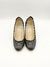 Chanel Black Leather Heels CC Cap Toe w/ Bow & Ruffle Accent Y2K Sz EU 36