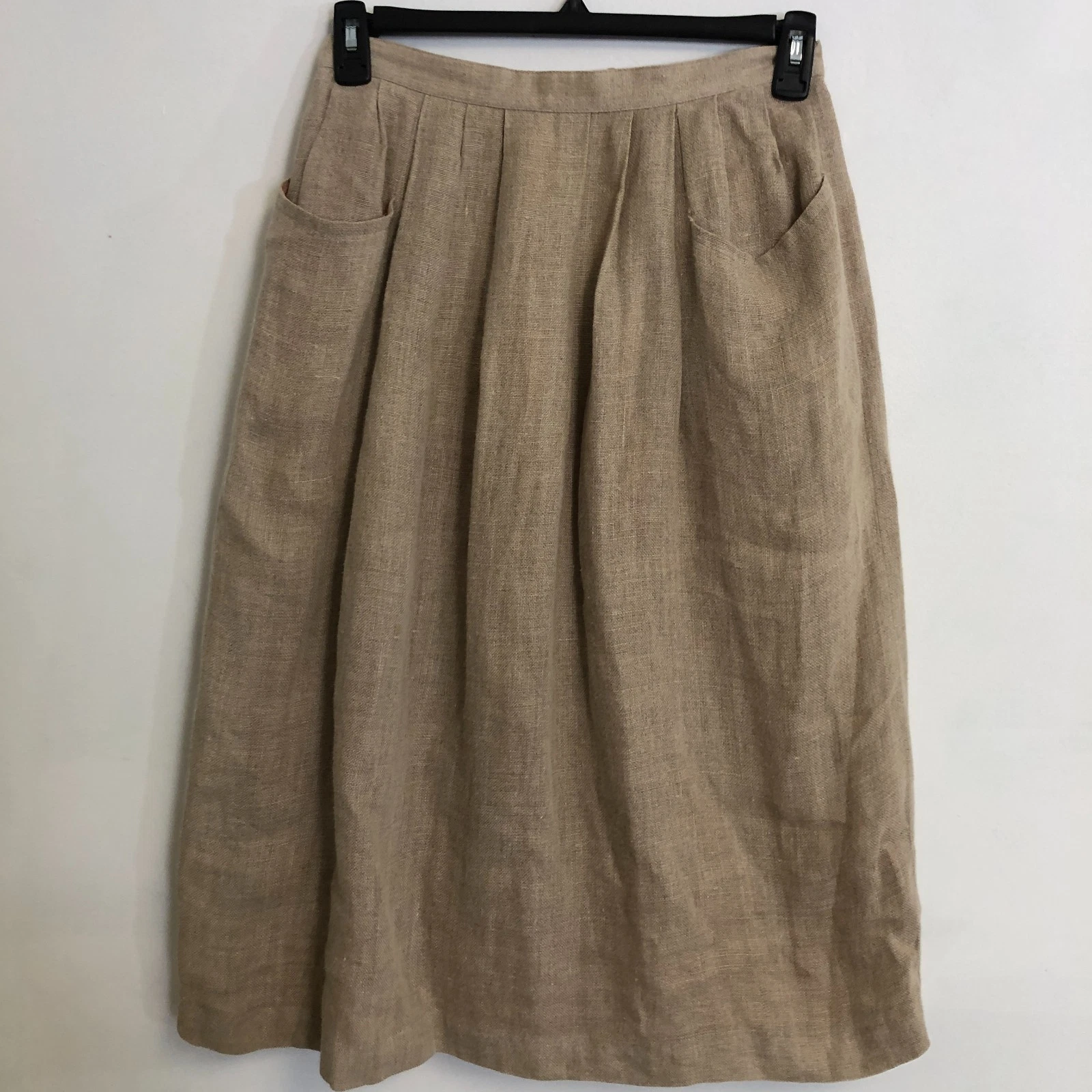 vtg 100% Linen Minimalist Midi Skirt Sz 14 Pckts Lined Earthy Cottage Peasant