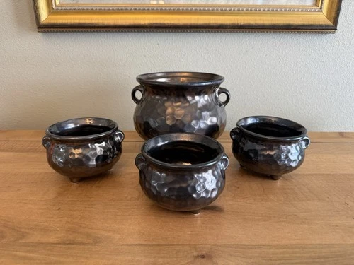 McCoy Metallic Bronze Hammered Cauldron Bean Pot and 3 Bowls #7531