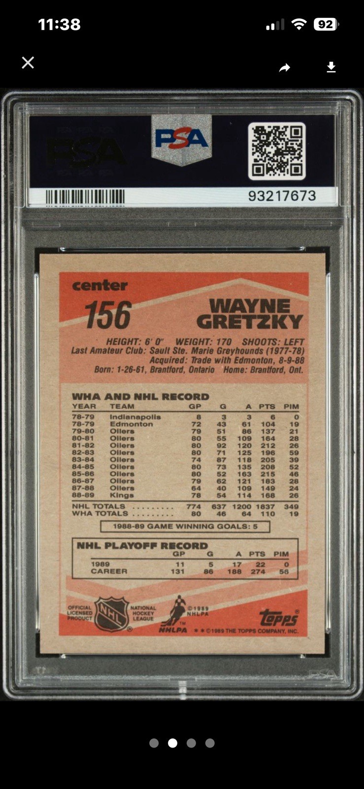1989 Topps #156 Wayne Gretzky Los Angeles Kings HOF Hockey Card PSA 9 MINT view 2
