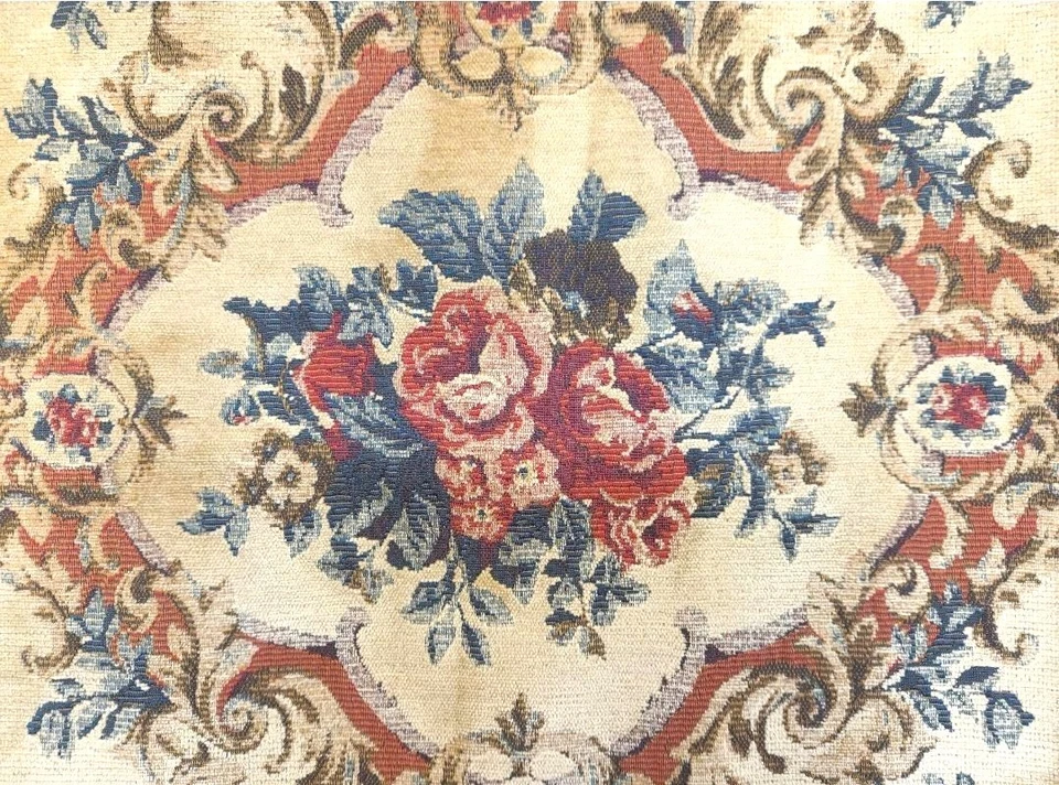 Vintage Floral Chenille Jacquard Beige & Red Tapestry Wall Hanging LARGE   - Image 3 of 4