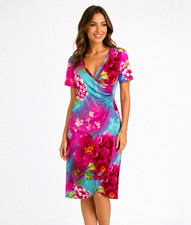 Elégance Pink/Teal Floral Satin 100% Silk Ruched V-Neck Wrap Dress EU 38
