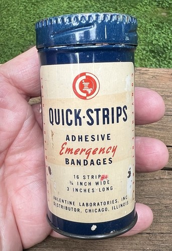 Vintage QUICK-STRIPS Emergency Bandages tube tin-Valentine Laboratories Chicago