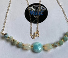 9CT GOLD LARIMAR AND FIRE OPAL NECKLACE, NATURAL STONES, STAMPED 375