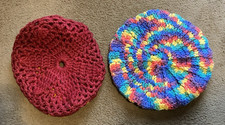 2 VTG HANDMADE CROCHETED BONNETS/HAT 1 MULTICOLOR 1 BURGUNDY YELLOW