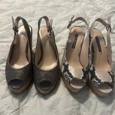 2 PAIRS STUART WEITZMAN SLINGBACK SNAKE EMBOSSED & METALLIC WEDGE SANDALS Sz 5