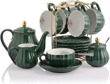 Porcelain Tea Sets British Royal Series, 8 OZ Cups Saucer Service- Dark Green