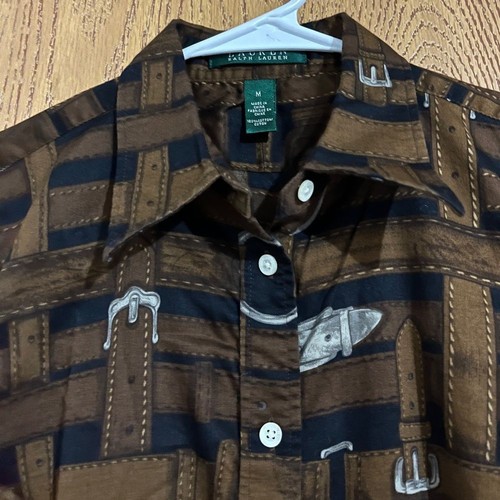 Camicia donna Lauren Ralph Lauren marrone stampa multi equitazione bottoni taglia M - Foto 5 di 6