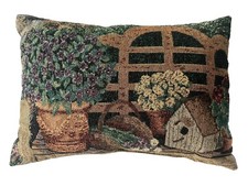 Vintage Tapestry Throw Accent Pillow 16x11 Shrubbery Birdhouse