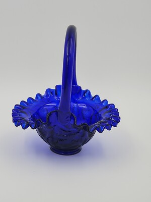 Fenton  Cobalt Blue Glass Basket Strawberry Patterned Body Ruffled Edge Handle