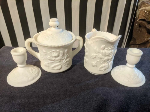 Vintage MCM Imperial Glass Satin Milk Glass Sugar + Creamer + 2 Candle set