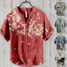 Mens Linen Shirts Summer Short Sleeve Tops V Neck Loose Casual Button Blouse US#