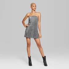 Womens Strapless Knit Metallic Bodre Mini Dress Black/Silver (Size S) NWT