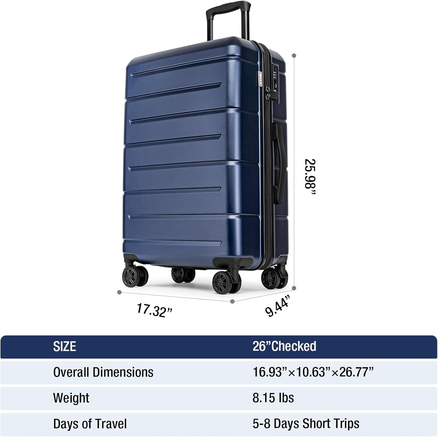 Navy 26" Hardside Luggage with Spinner Wheels & TSA Lock for Men & Women