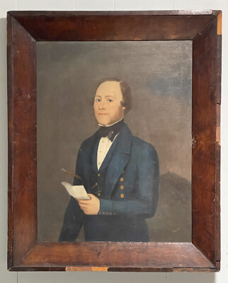 Historical Portrait Painting Of A Man With 1849 Mt Etna Volcano Eruption, Italy.