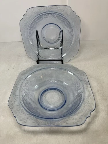 Vintage Federal Glass Co. Madrid Etched Blue Glass Square Bowls USA