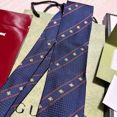 Gucci Neck Tie Navy Red Gold Striped Bee 100%Silk mint gift | eBay