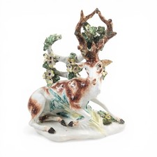 18th century Derby porcelain figure recumbent stag with bocage c.1755-1765