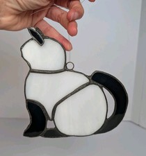 Large Vintage Stained Glass Black  White Kitty Cat Window Sun Catcher 6.5"