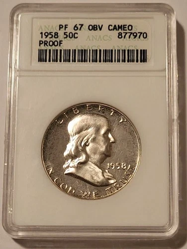 1958 Franklin Half Dollar Proof PF67 Obverse Cameo ANACS Toning