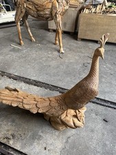 Solid Teak Peacock Bird Sculpture Wood Carving