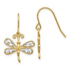 14k Yellow Gold White Rhodium Dragonfly Shepherd Hook Drop Dangle Earrings