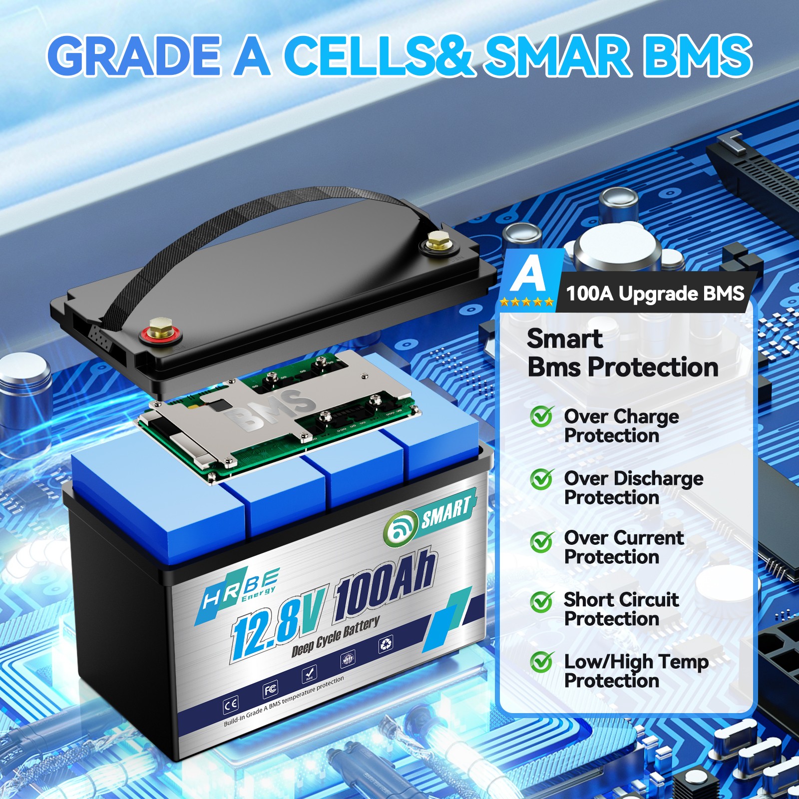 12V 100Ah LiFePO4 Lithium Battery Bluetooth monitoring For RV Solar Marine Panel