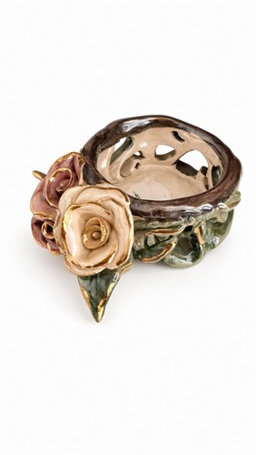 Vintage 2002 Blue Sky Ceramic Rose Tea Light Votive Holder Gold Trim Floral