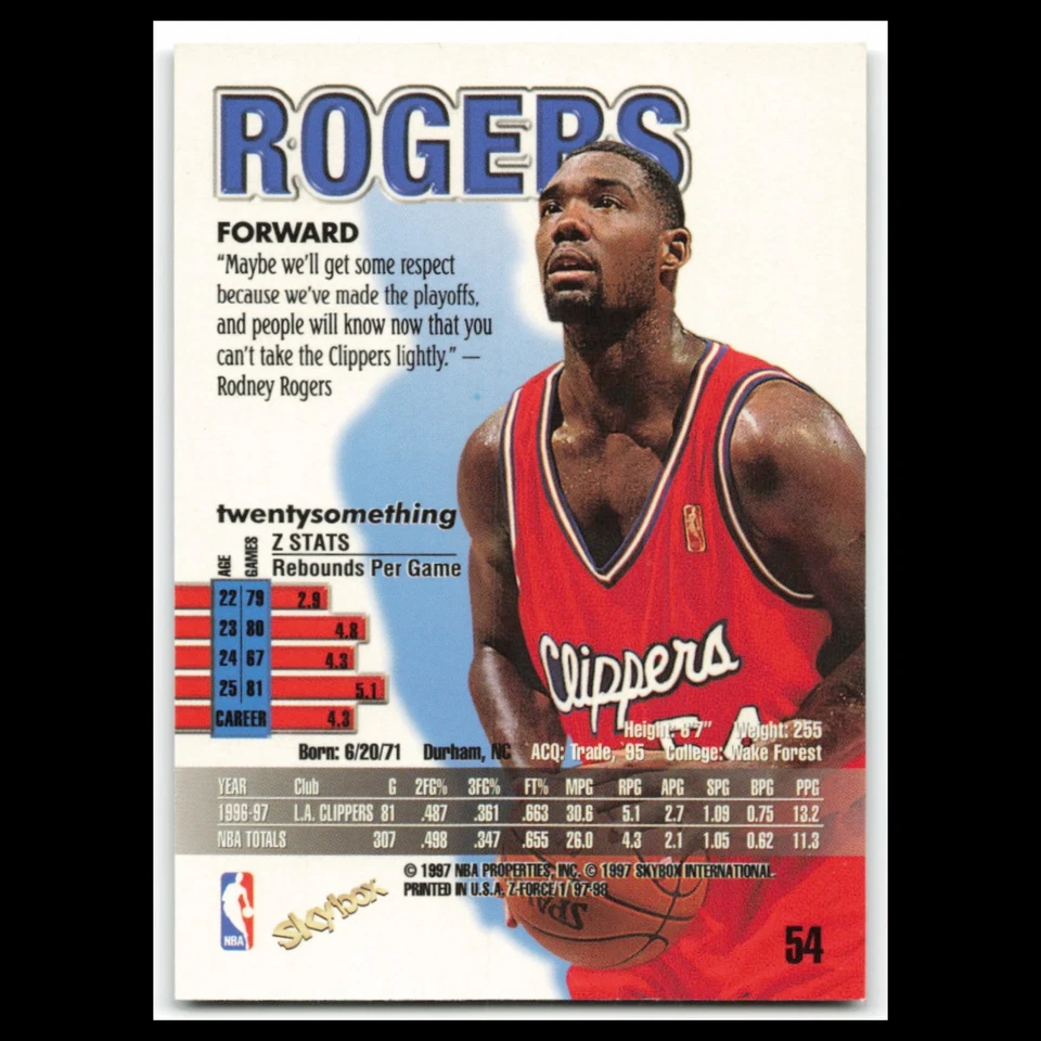 Rodney Rogers #54 1997 SkyBox Z-Force Los Angeles Clippers Basketball Card NBA - Image 2 of 3