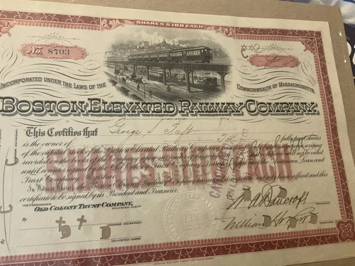 1919  Boston Elevated Railway   -  RARE  Stock Certificate bond Signed By Taft