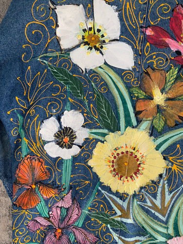Vintage Hand Painted Moda International Jean Jacket Mid Duster Blazer Flowers L - Picture 5 of 12