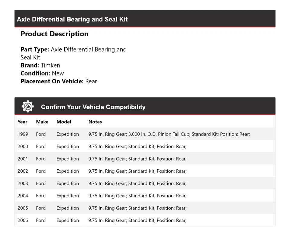 Kit de rolamento e vedação diferencial de eixo traseiro Timken Ford Expedition 1999-2006 - Imagem 2 de 3