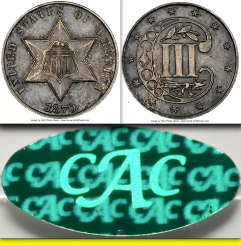 1870 NGC AU55CAC 3,000 Minted-- 2nd Lowest 3C Silver✅ $1,950-CDN CAC Three Cents