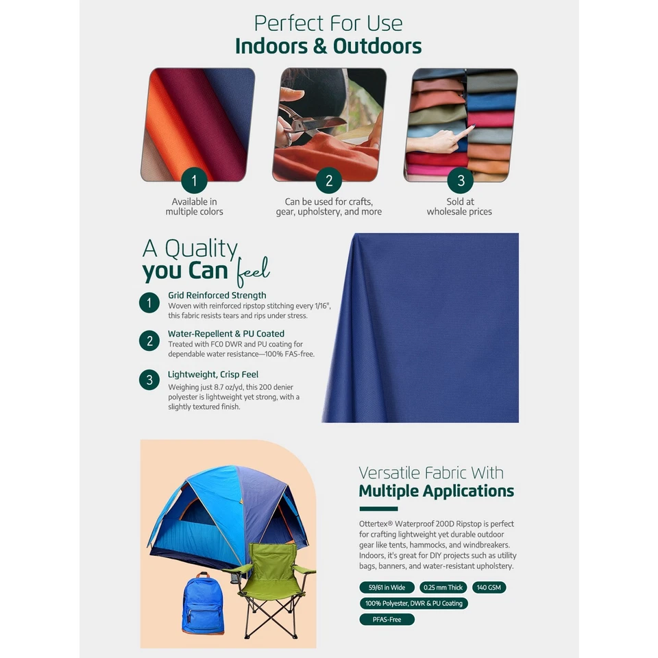 Ottertex® Waterproof DWR & PU Coated PFSA Free Polyester Ripstop Fabric - Image 2 of 2