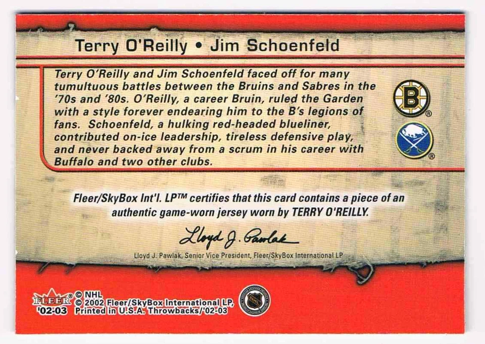 2002-03 FLEER THROWBACKS SQUARING OFF TERRY O'REILLY JIM SCHOENFELD JERSEY 1 - Image 2 of 2