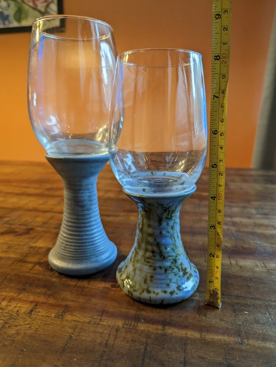 Pottery Glass Wine Goblets Set of 2 Blue Green Ceramic Glazed
