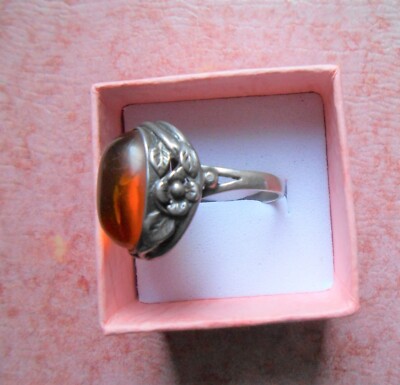 Bague Ancienne Art Nouveau Argent Et Imitation Ambre - Taille Intérieure 1,6 Cm, Occasion