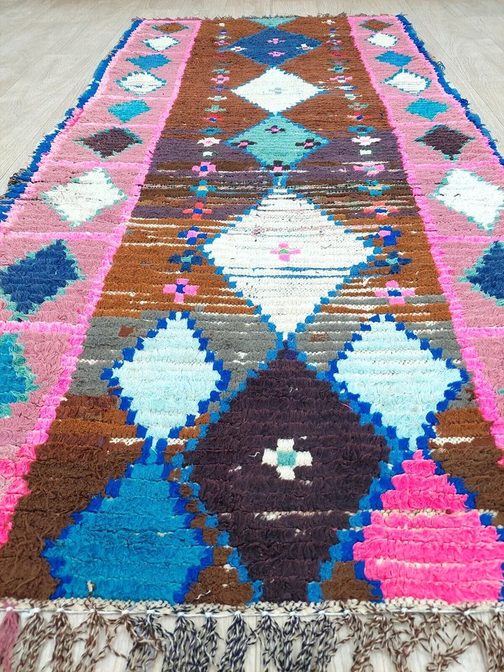 3x6 Vintage Geometric Rug Handmade Moroccan Brown Pink Cotton Berber Runner Rug - Image 4 of 4