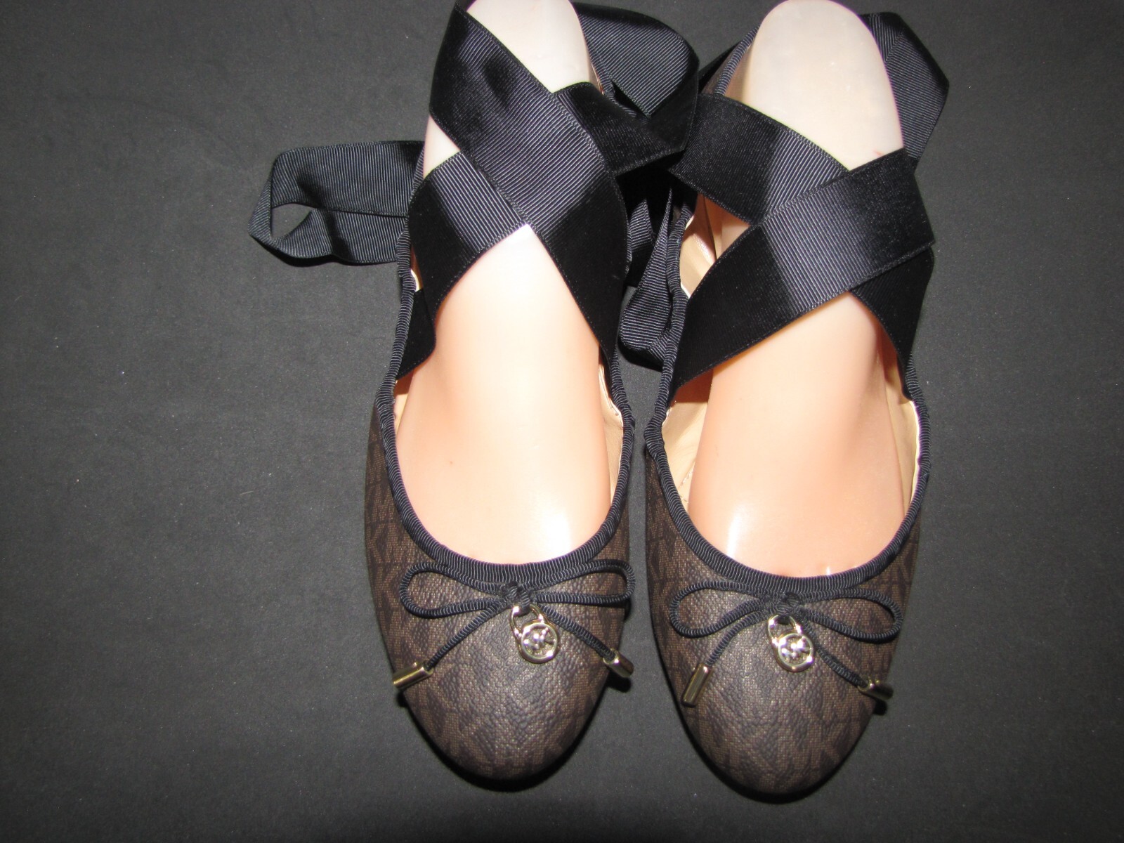 Michael Kors Signature Logo Black & Brown Ribbon Tie Ballet Flats 7