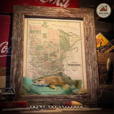 Vintage Minnesota State Map Art Print Trout Fly Fishing Lures Cabin Wall Decor