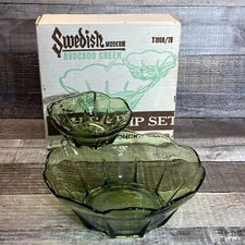 Vintage Anchor Hocking Swedish Modern 3 pcs. Avocado Green Chip & Dip Set w/Box